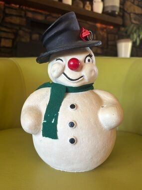 Vintage Papier Mache Snowman Candy Container Christmas Decor 10” Mid Century